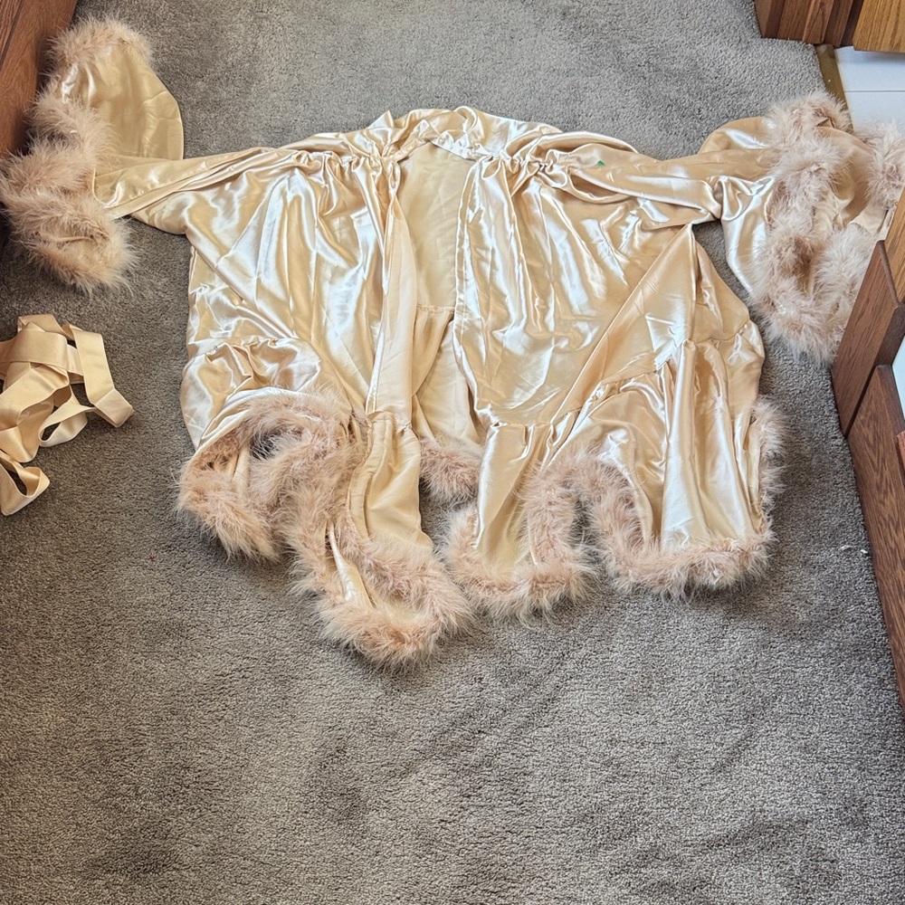 Satin Feather Trim Robe in Champagne